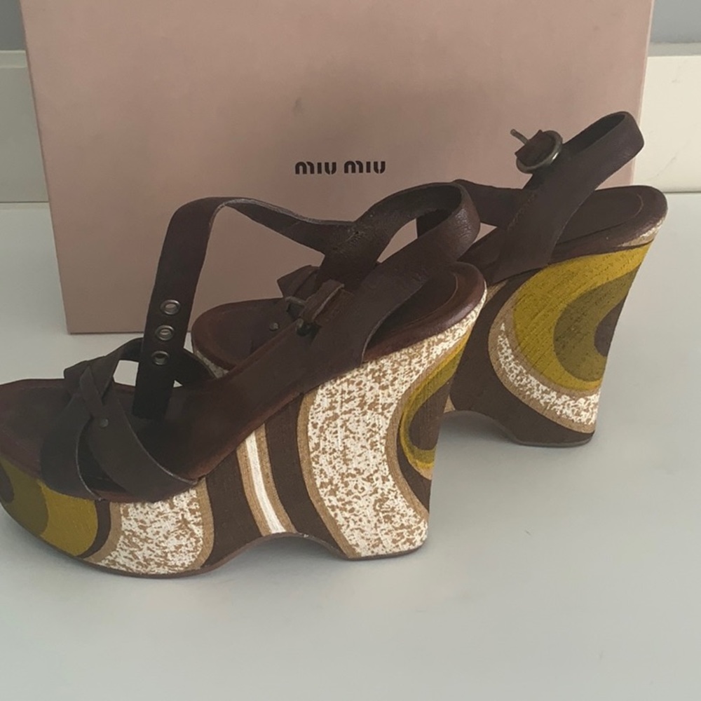 Miu Miu Platform Open Toe Sandals Leather/Fabric - image 7